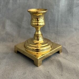 Vintage Polished Brass Candlestick Holder Square Base MCM‎ Decor 3.25"